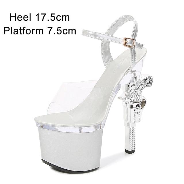 Sexy Red High Heels Shoes Pistol Design High Heel Shoe Fashion Stripper High Heel Platform Sandals Transparent Strip Pole Dancer shoes Pistol Heel Size 43