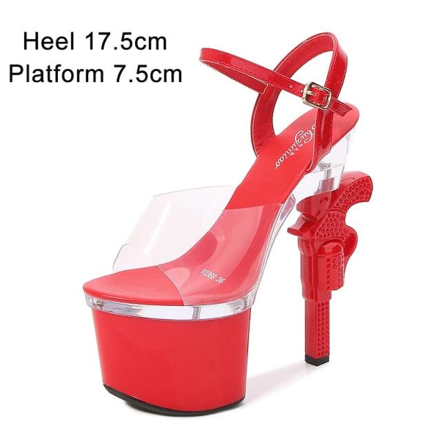 Sexy Red High Heels Shoes Pistol Design High Heel Shoe Fashion Stripper High Heel Platform Sandals Transparent Strip Pole Dancer shoes Pistol Heel Size 43