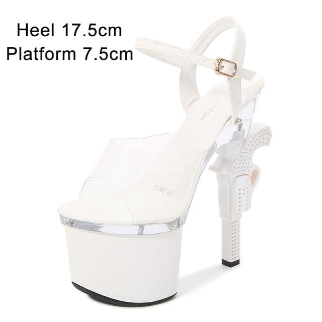 Sexy Red High Heels Shoes Pistol Design High Heel Shoe Fashion Stripper High Heel Platform Sandals Transparent Strip Pole Dancer shoes Pistol Heel Size 43