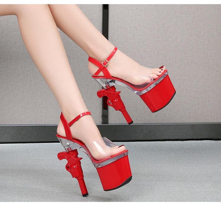 Sexy Red High Heels Shoes Pistol Design High Heel Shoe Fashion Stripper High Heel Platform Sandals Transparent Strip Pole Dancer shoes Pistol Heel Size 43