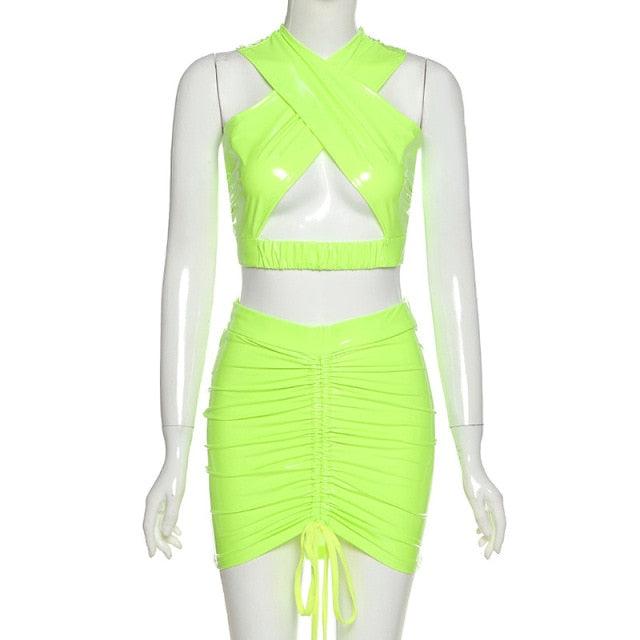 Sexy 2021 Women PU Leather Two Piece Set Hollow Out Cross Halter Crop Top Drawstring Mini Skirt Set