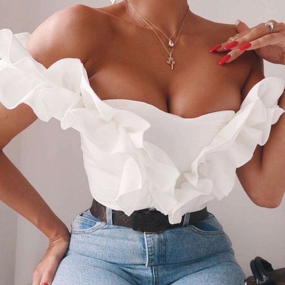 T-BOO New Women Sexy Ruffles Off Shoulder Top Fashion Short Sleeve White Top Celebrity Club Party Runway Casual Tops