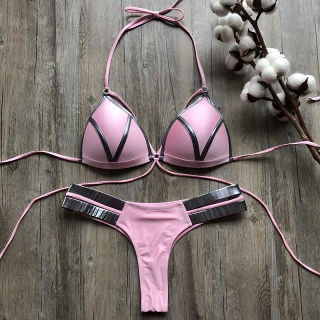 T-BOO 2021 Women Sexy Halter Patchwork Bikini Set Women Summer Beach Swimming Suit