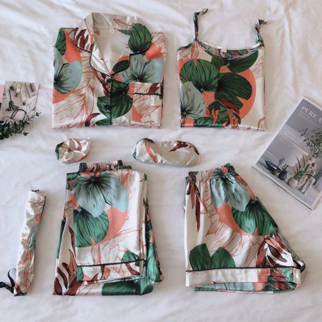 Women Pajamas Set 7 Pieces Faux Silk Printing Satin Pajamas For Woman Sleepwear