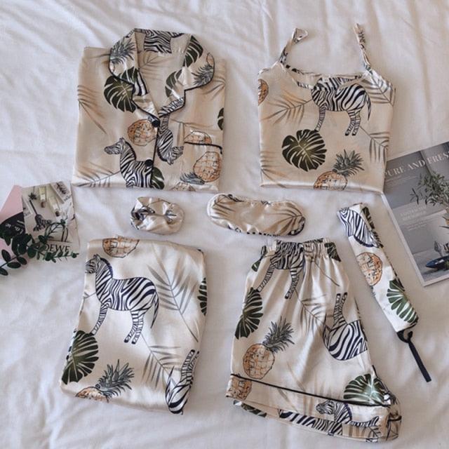 Women Pajamas Set 7 Pieces Faux Silk Printing Satin Pajamas For Woman Sleepwear