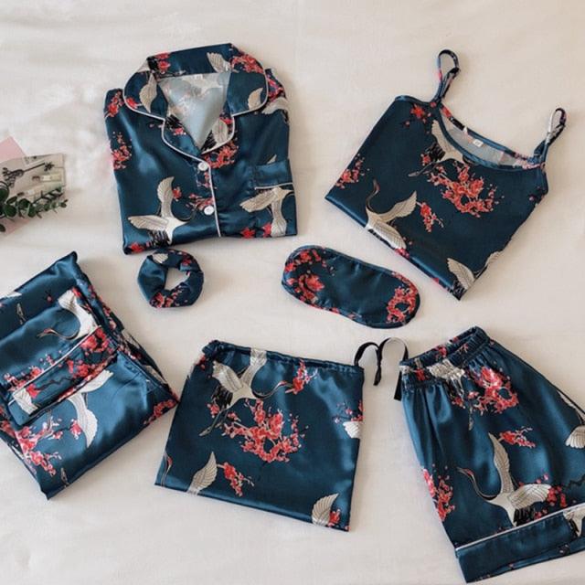 Women Pajamas Set 7 Pieces Faux Silk Printing Satin Pajamas For Woman Sleepwear