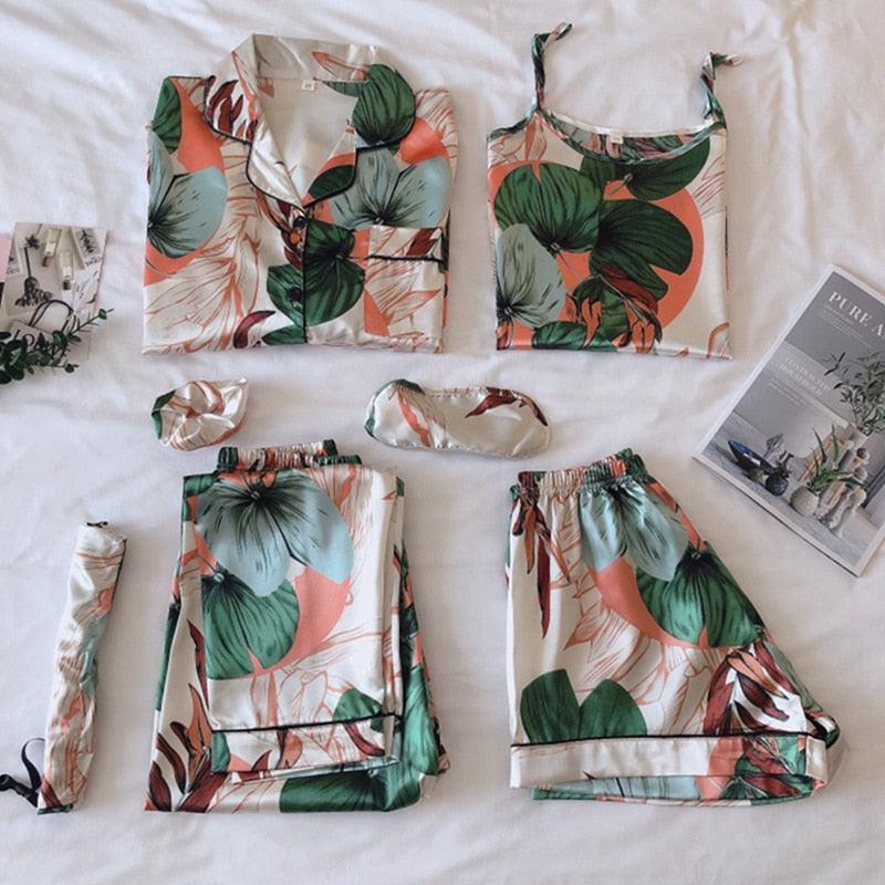 Women Pajamas Set 7 Pieces Faux Silk Printing Satin Pajamas For Woman Sleepwear