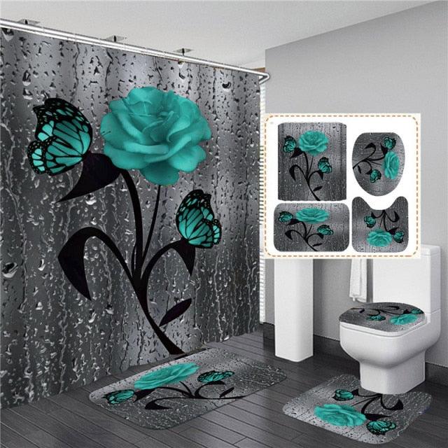 3D Shower Curtain Rose Print Waterproof Polyester Bathroom Curtain Anti-slip Bath Mat Set Toilet Rugs Carpet Home Decor 5 Colors