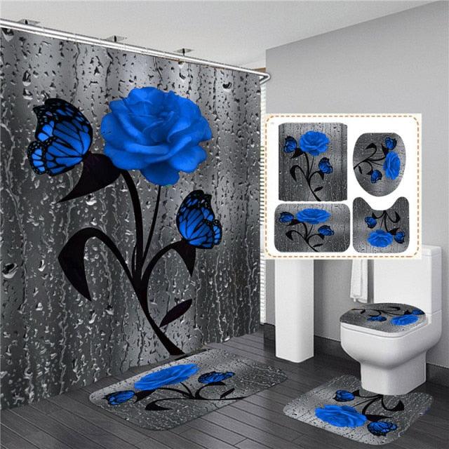3D Shower Curtain Rose Print Waterproof Polyester Bathroom Curtain Anti-slip Bath Mat Set Toilet Rugs Carpet Home Decor 5 Colors
