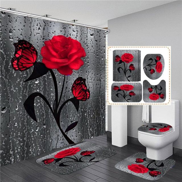 3D Shower Curtain Rose Print Waterproof Polyester Bathroom Curtain Anti-slip Bath Mat Set Toilet Rugs Carpet Home Decor 5 Colors
