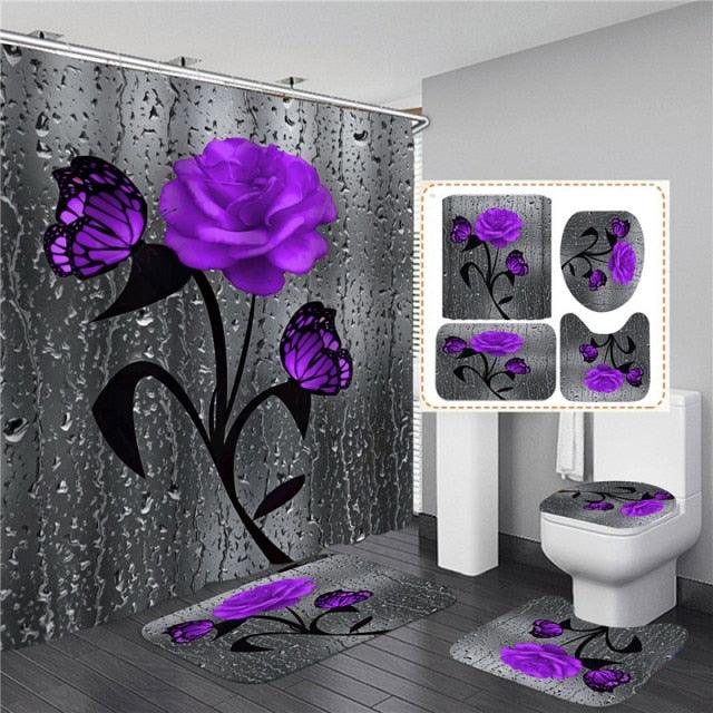 3D Shower Curtain Rose Print Waterproof Polyester Bathroom Curtain Anti-slip Bath Mat Set Toilet Rugs Carpet Home Decor 5 Colors