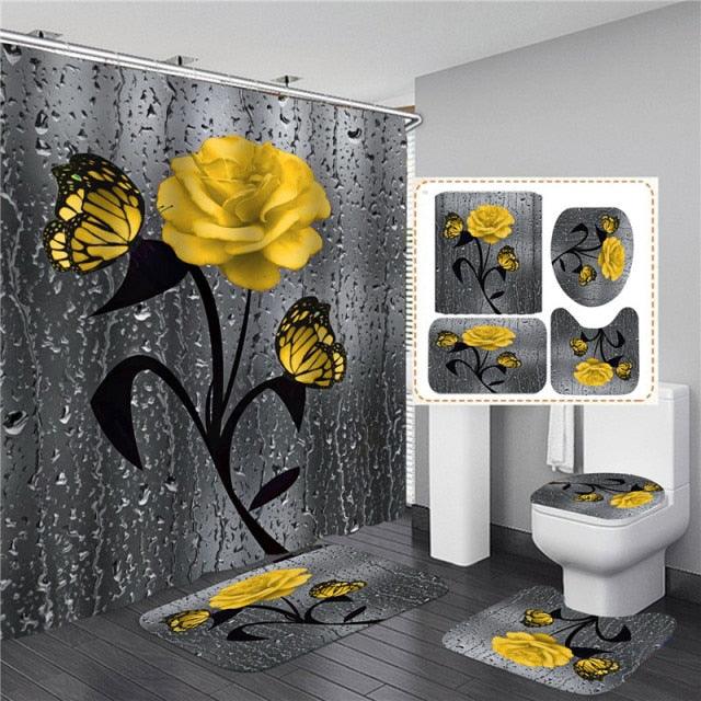 3D Shower Curtain Rose Print Waterproof Polyester Bathroom Curtain Anti-slip Bath Mat Set Toilet Rugs Carpet Home Decor 5 Colors