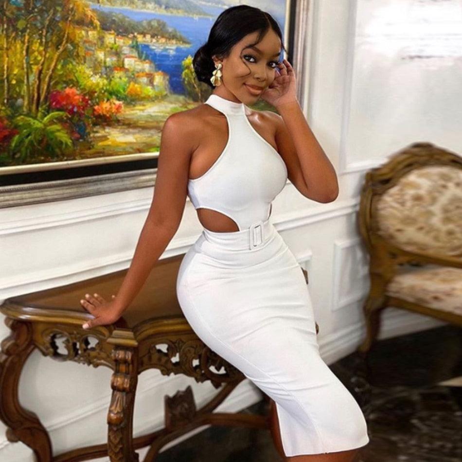 T-BOO White Halter Bodycon Bandage Dress 2021 Women Sexy Hollow Out Sleeveless Midi Night Evening Runway Party Dress