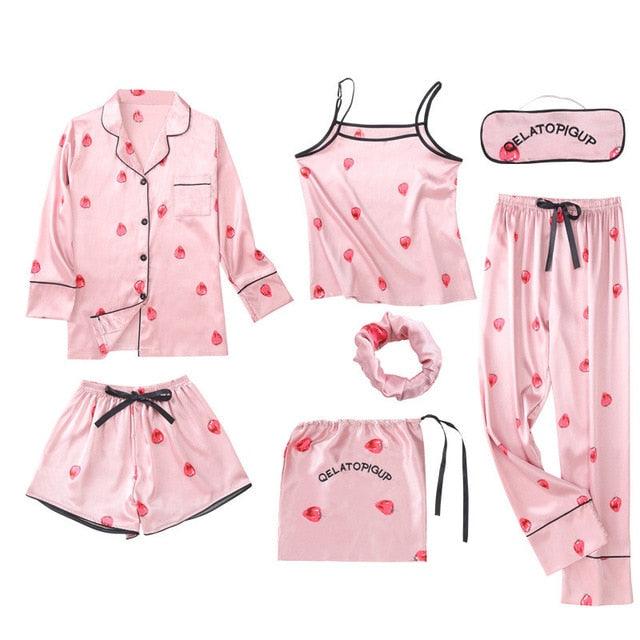 Women Pajamas Sets 7 Pieces Pink Faux Silk Striped Pajama Women Sleepwear Sets Housewear
