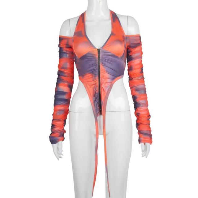 T-BOO Women Ruched Patchwork Sexy Crop Top Halter Top Long Sleeve Off Shoulder Zipper Bodycon Sexy Club Streetwear