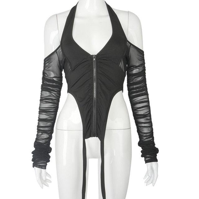 T-BOO Women Ruched Patchwork Sexy Crop Top Halter Top Long Sleeve Off Shoulder Zipper Bodycon Sexy Club Streetwear