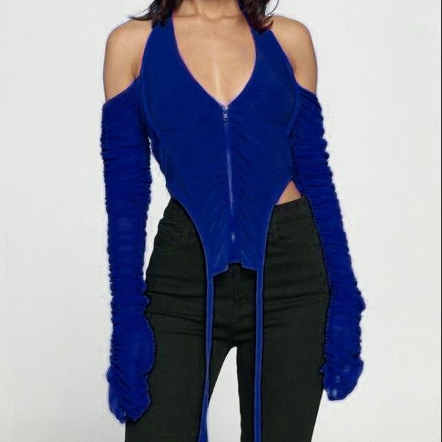 T-BOO Women Ruched Patchwork Sexy Crop Top Halter Top Long Sleeve Off Shoulder Zipper Bodycon Sexy Club Streetwear