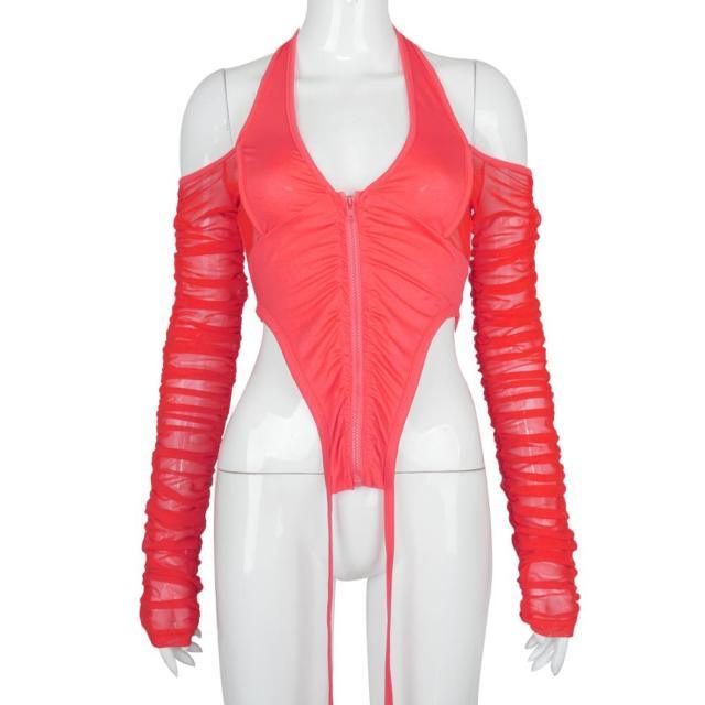 T-BOO Women Ruched Patchwork Sexy Crop Top Halter Top Long Sleeve Off Shoulder Zipper Bodycon Sexy Club Streetwear