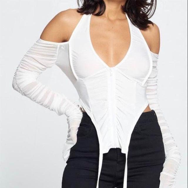 T-BOO Women Ruched Patchwork Sexy Crop Top Halter Top Long Sleeve Off Shoulder Zipper Bodycon Sexy Club Streetwear