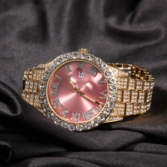 Big Dial Watches Full Iced Out Stainless Steel Watch Luxury Fashion Rhinestones Quartz