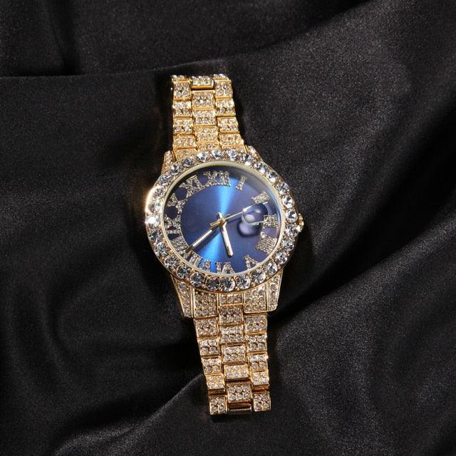 Big Dial Watches Full Iced Out Stainless Steel Watch Luxury Fashion Rhinestones Quartz