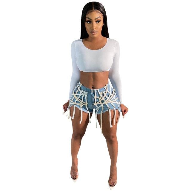 T-BOO Women Distressed Denim New 2021 Summer High Waisted Shorts Club Party Activewear Outfits Bandage Short Jeans