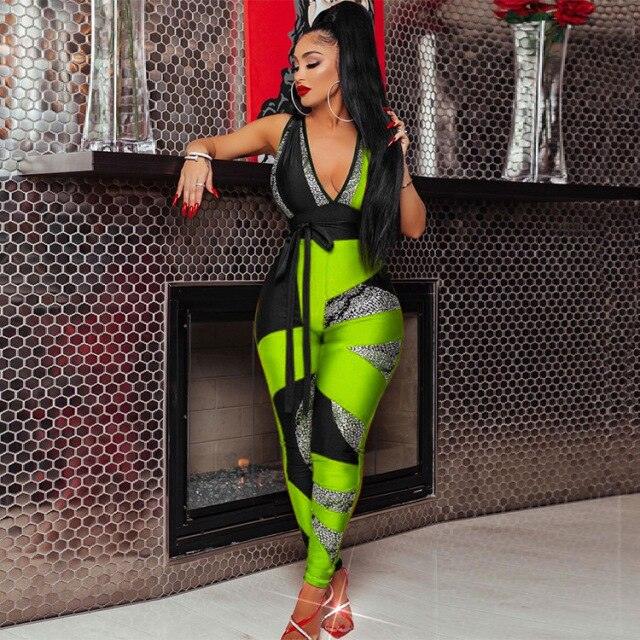 Women Jumpsuit Geo Print Sleeveless V-neck High Waist Sheath Elastic Jumpsuits Lady Sexy High Street Outfit