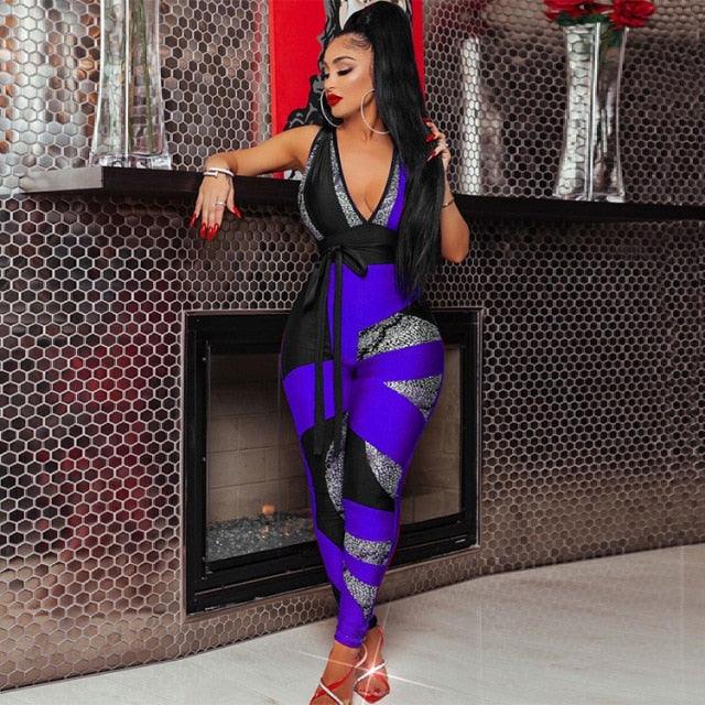 Women Jumpsuit Geo Print Sleeveless V-neck High Waist Sheath Elastic Jumpsuits Lady Sexy High Street Outfit
