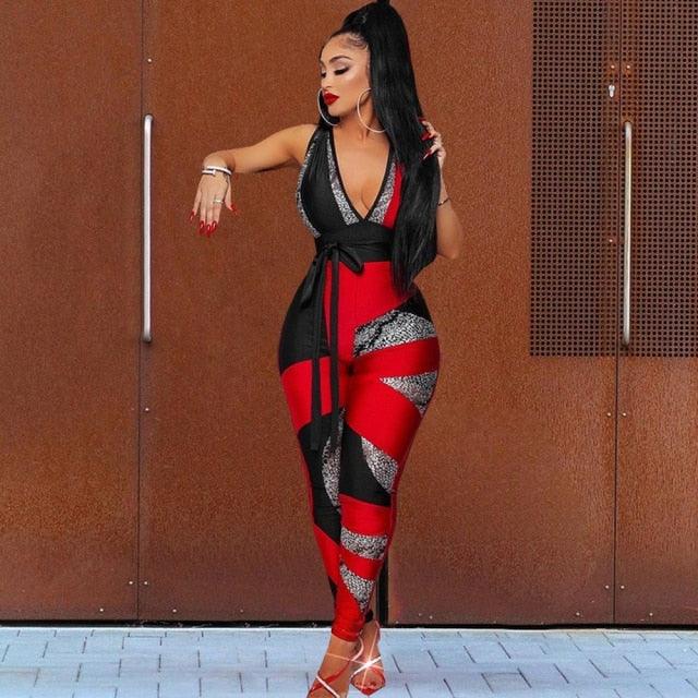 Women Jumpsuit Geo Print Sleeveless V-neck High Waist Sheath Elastic Jumpsuits Lady Sexy High Street Outfit