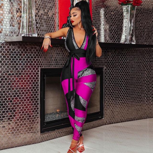 Women Jumpsuit Geo Print Sleeveless V-neck High Waist Sheath Elastic Jumpsuits Lady Sexy High Street Outfit