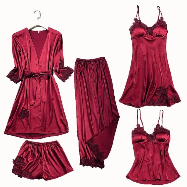 Satin Lace Pajamas Set Women 5PC Strap Top Pants Sleepwear Sleep Suit Spring Autumn Pyjamas Home Wear Nightwear Robe Gown M-XXL