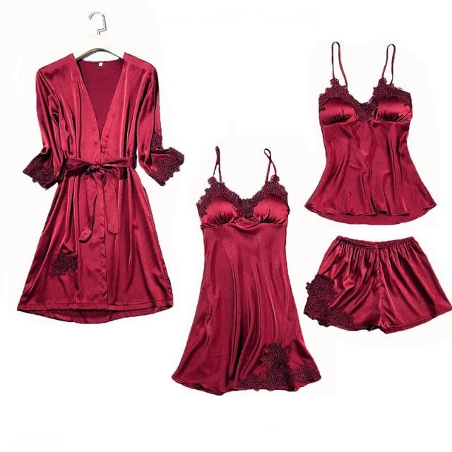 Satin Lace Pajamas Set Women 5PC Strap Top Pants Sleepwear Sleep Suit Spring Autumn Pyjamas Home Wear Nightwear Robe Gown M-XXL