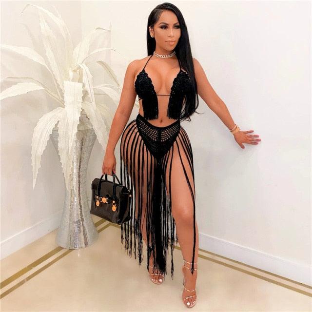 T-BOO Women Two Piece Set Hand Crochet Summer Beach DressSexy Tassel Fashion Halter Bra Crop Top Fringing Maxi Skirt Coverups