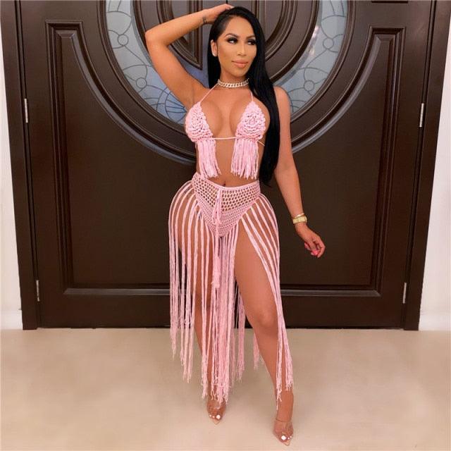 T-BOO Women Two Piece Set Hand Crochet Summer Beach DressSexy Tassel Fashion Halter Bra Crop Top Fringing Maxi Skirt Coverups