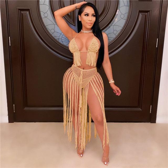 T-BOO Women Two Piece Set Hand Crochet Summer Beach DressSexy Tassel Fashion Halter Bra Crop Top Fringing Maxi Skirt Coverups