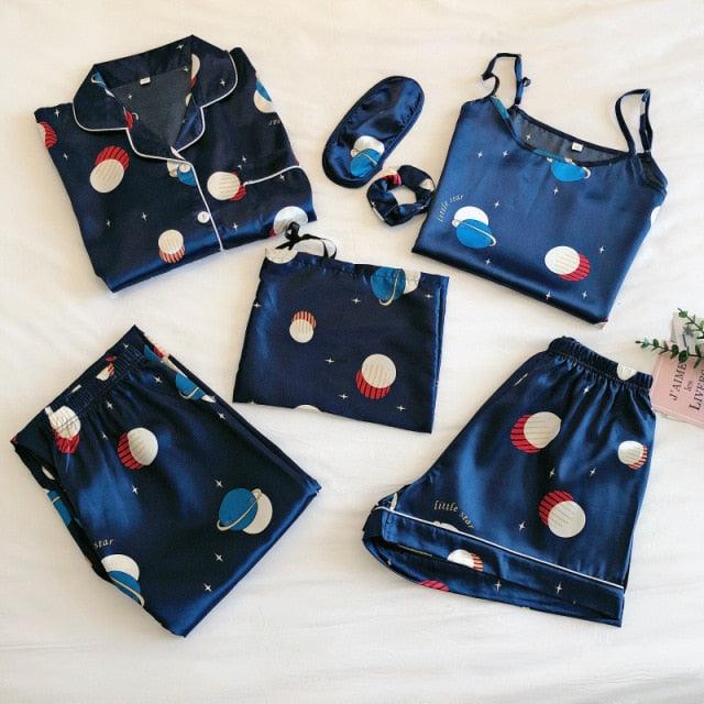 Women Pajamas Set 7 Pieces Faux Silk Printing Satin Pajamas For Woman Sleepwear