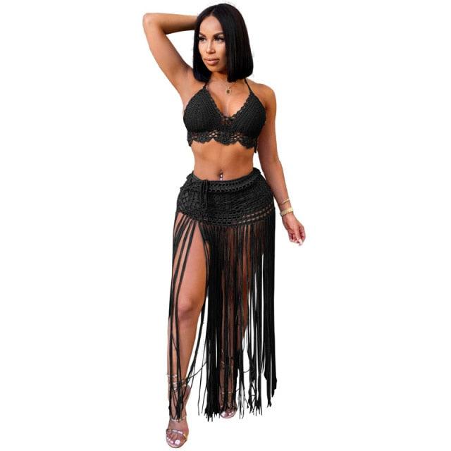 T-BOO Women Hand Crochet Two Piece Set Beach Dress Lace Up Halter Bra Top Tassel Maxi Skirt Casual Swimwear