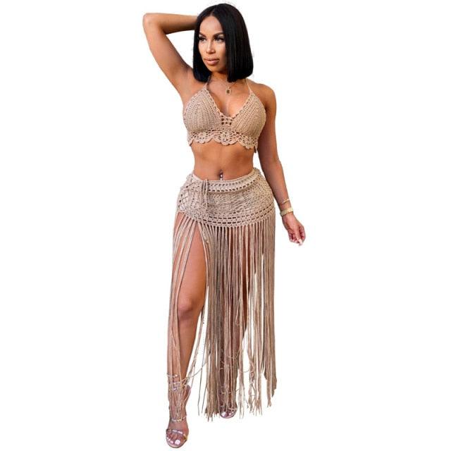 T-BOO Women Hand Crochet Two Piece Set Beach Dress Lace Up Halter Bra Top Tassel Maxi Skirt Casual Swimwear