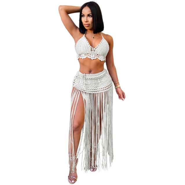 T-BOO Women Hand Crochet Two Piece Set Beach Dress Lace Up Halter Bra Top Tassel Maxi Skirt Casual Swimwear