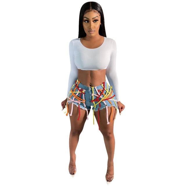 T-BOO Women Distressed Denim New 2021 Summer High Waisted Shorts Club Party Activewear Outfits Bandage Short Jeans