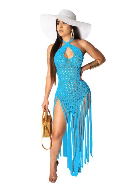 T-BOO Crochet Fishnet Tassel Beach Dress Sexy Fashion Backless Halter Maxi Dress for Women Tunic Swimwear Outfits
