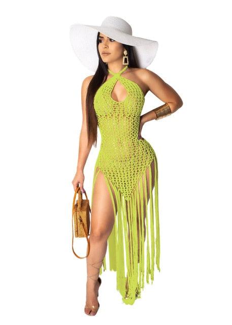 T-BOO Crochet Fishnet Tassel Beach Dress Sexy Fashion Backless Halter Maxi Dress for Women Tunic Swimwear Outfits
