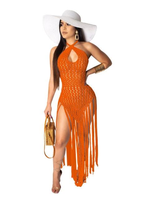 T-BOO Crochet Fishnet Tassel Beach Dress Sexy Fashion Backless Halter Maxi Dress for Women Tunic Swimwear Outfits
