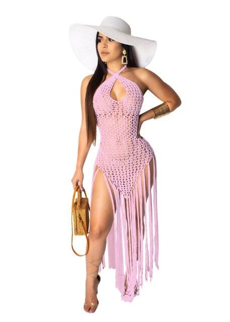 T-BOO Crochet Fishnet Tassel Beach Dress Sexy Fashion Backless Halter Maxi Dress for Women Tunic Swimwear Outfits
