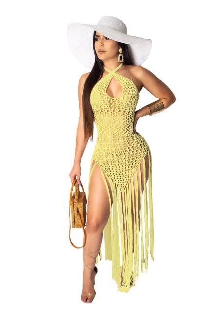 T-BOO Crochet Fishnet Tassel Beach Dress Sexy Fashion Backless Halter Maxi Dress for Women Tunic Swimwear Outfits