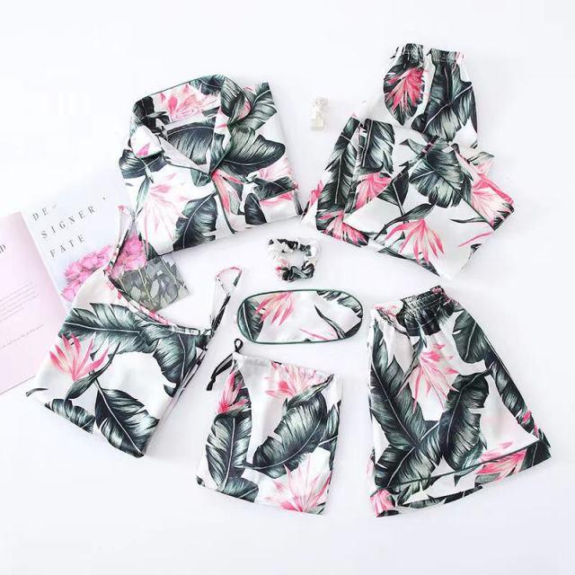 Women Pajamas Set 7 Pieces Faux Silk Printing Satin Pajamas For Woman Sleepwear