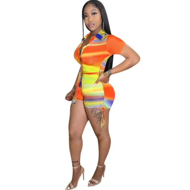 Women Rompers Rainbow Stripe Skinny Biker Playsuit Sexy Deep V Neck Club Party Outfits Onepiece