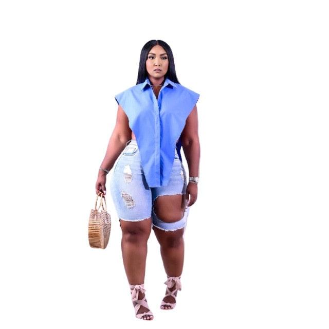 Women Sleeveless Deep V Neck Shirt Fashion Street Style Buttons Up Shirt Sexy Summer Tops Solid Color Irregular Hem Loose Blouse