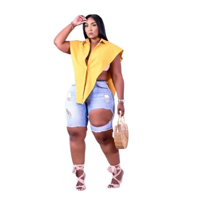 Women Sleeveless Deep V Neck Shirt Fashion Street Style Buttons Up Shirt Sexy Summer Tops Solid Color Irregular Hem Loose Blouse