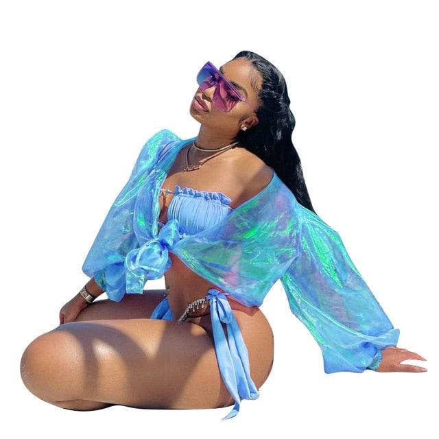 T-BOO Women Beachwear Sexy Colorful Cloak Sun Protection Cover Summer lantem Sleeve Swimwear clothes Loose Club Crop Tops